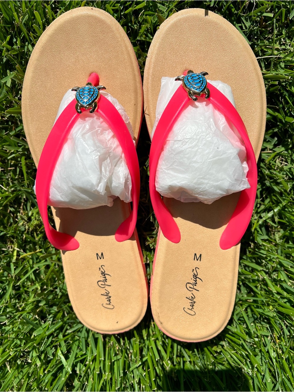 Charlie Paige Turtle Jewel Thong Sandal slides Neon Coral Turquoise Platform 7/8